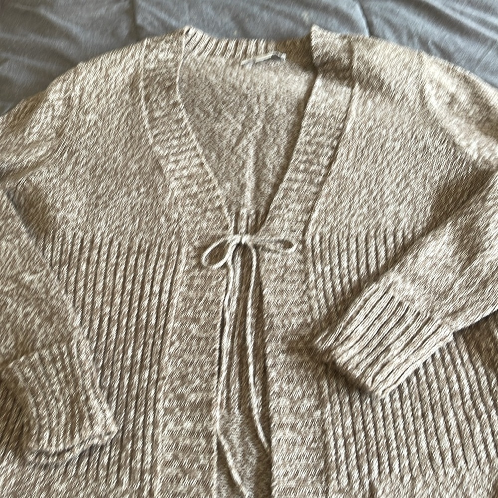 CJ Banks tie front cardigan sweater, tan and cream, cuffed long sleeve, size X